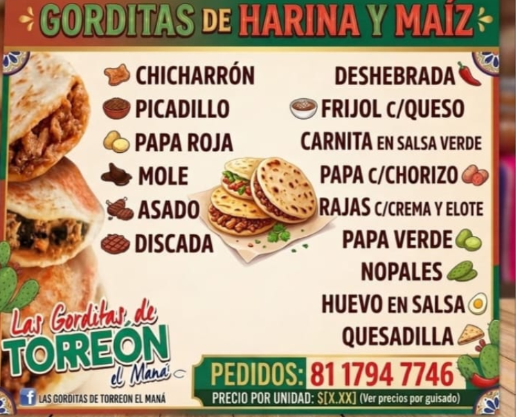 Menú de Las Gorditas de Torreón El Maná
